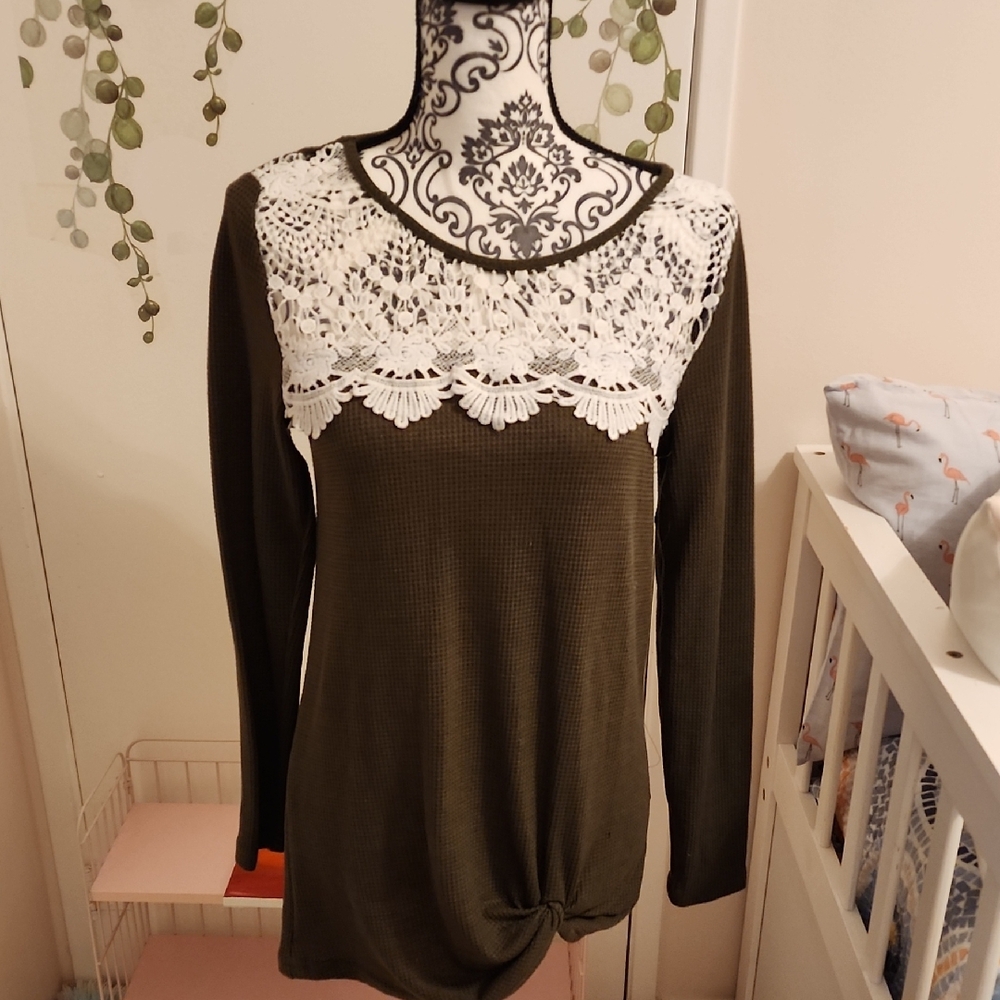 Olive Green Lace Accent Women's Top Sz S